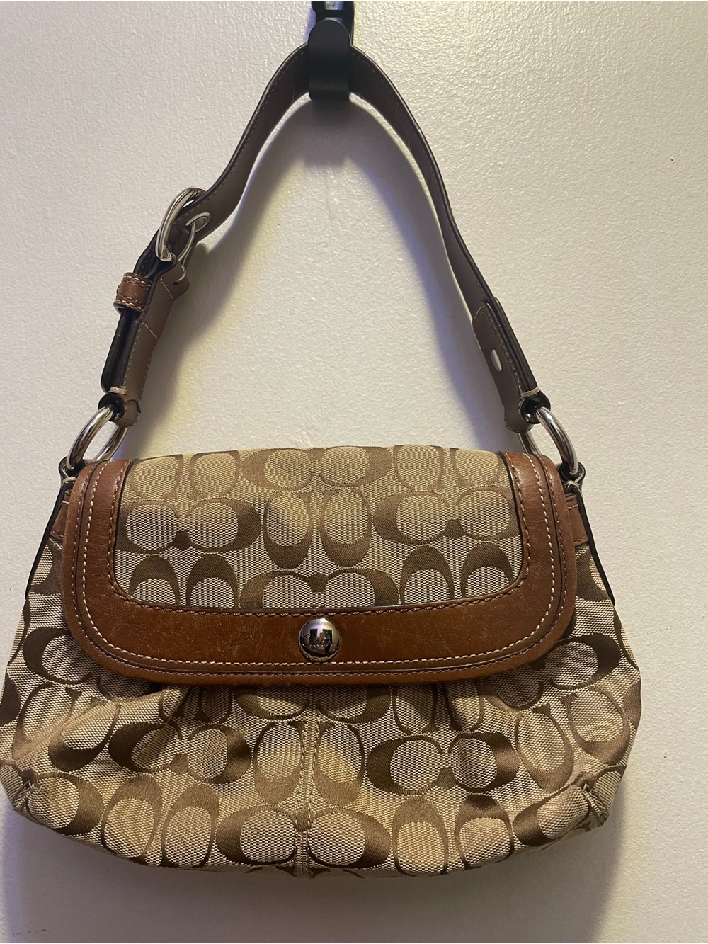 Coach Small Signature Canvas Shoulder Bag in Khaki and Brown